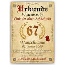 Laden Sie das Bild in den Galerie-Viewer, 67. Geburtstag Urkunde personalisiert ALTE SCHACHTEL Geschenk Frau Geburtstagskarte Deko Bild