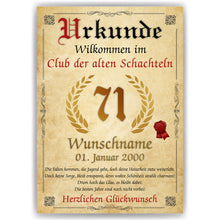 Laden Sie das Bild in den Galerie-Viewer, 71. Geburtstag Urkunde personalisiert ALTE SCHACHTEL Geschenk Frau Geburtstagskarte Deko Bild