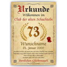 Laden Sie das Bild in den Galerie-Viewer, 73. Geburtstag Urkunde personalisiert ALTE SCHACHTEL Geschenk Frau Geburtstagskarte Deko Bild