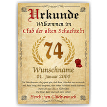 Laden Sie das Bild in den Galerie-Viewer, 74. Geburtstag Urkunde personalisiert ALTE SCHACHTEL Geschenk Frau Geburtstagskarte Deko Bild
