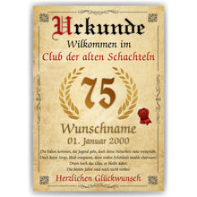 Laden Sie das Bild in den Galerie-Viewer, 75. Geburtstag Urkunde personalisiert ALTE SCHACHTEL Geschenk Frau Geburtstagskarte Deko Bild