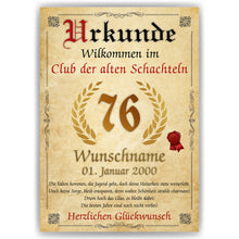 Laden Sie das Bild in den Galerie-Viewer, 76. Geburtstag Urkunde personalisiert ALTE SCHACHTEL Geschenk Frau Geburtstagskarte Deko Bild