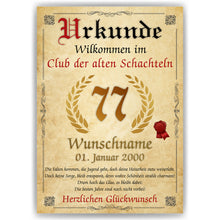 Laden Sie das Bild in den Galerie-Viewer, 77. Geburtstag Urkunde personalisiert ALTE SCHACHTEL Geschenk Frau Geburtstagskarte Deko Bild