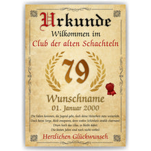 Laden Sie das Bild in den Galerie-Viewer, 79. Geburtstag Urkunde personalisiert ALTE SCHACHTEL Geschenk Frau Geburtstagskarte Deko Bild