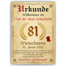Laden Sie das Bild in den Galerie-Viewer, 81. Geburtstag Urkunde personalisiert ALTE SCHACHTEL Geschenk Frau Geburtstagskarte Deko Bild