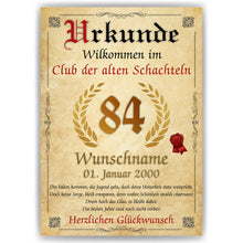 Laden Sie das Bild in den Galerie-Viewer, 84. Geburtstag Urkunde personalisiert ALTE SCHACHTEL Geschenk Frau Geburtstagskarte Deko Bild