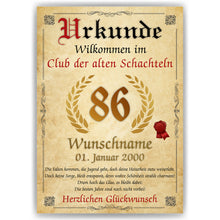 Laden Sie das Bild in den Galerie-Viewer, 86. Geburtstag Urkunde personalisiert ALTE SCHACHTEL Geschenk Frau Geburtstagskarte Deko Bild