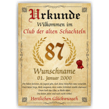 Laden Sie das Bild in den Galerie-Viewer, 87. Geburtstag Urkunde personalisiert ALTE SCHACHTEL Geschenk Frau Geburtstagskarte Deko Bild