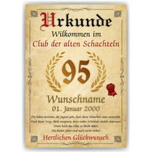 Laden Sie das Bild in den Galerie-Viewer, 95. Geburtstag Urkunde personalisiert ALTE SCHACHTEL Geschenk Frau Geburtstagskarte Deko Bild