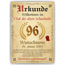 Laden Sie das Bild in den Galerie-Viewer, 96. Geburtstag Urkunde personalisiert ALTE SCHACHTEL Geschenk Frau Geburtstagskarte Deko Bild