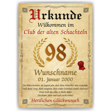 Laden Sie das Bild in den Galerie-Viewer, 98. Geburtstag Urkunde personalisiert ALTE SCHACHTEL Geschenk Frau Geburtstagskarte Deko Bild