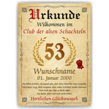 Laden Sie das Bild in den Galerie-Viewer, 53. Geburtstag Urkunde personalisiert ALTE SCHACHTEL Geschenk Frau Geburtstagskarte Deko Bild
