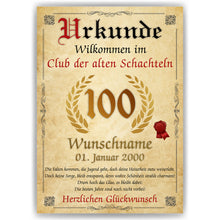 Laden Sie das Bild in den Galerie-Viewer, 100. Geburtstag Urkunde personalisiert ALTE SCHACHTEL Geschenk Frau Geburtstagskarte Deko Bild