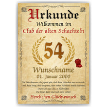 Laden Sie das Bild in den Galerie-Viewer, 54. Geburtstag Urkunde personalisiert ALTE SCHACHTEL Geschenk Frau Geburtstagskarte Deko Bild
