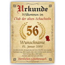 Laden Sie das Bild in den Galerie-Viewer, 56. Geburtstag Urkunde personalisiert ALTE SCHACHTEL Geschenk Frau Geburtstagskarte Deko Bild