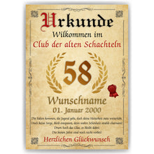 Laden Sie das Bild in den Galerie-Viewer, 58. Geburtstag Urkunde personalisiert ALTE SCHACHTEL Geschenk Frau Geburtstagskarte Deko Bild
