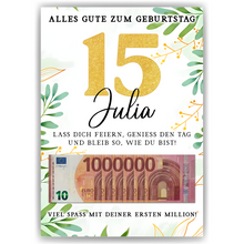 Laden Sie das Bild in den Galerie-Viewer, Personalisiertes Geldgeschenk zum 15. Geburtstag Geld Geschenkidee personalisierbar Geburtstagskarte