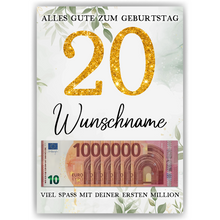 Laden Sie das Bild in den Galerie-Viewer, Personalisiertes Geldgeschenk zum 20. Geburtstag Frauen Männer Geburtstagsgeschenk Geld Geschenkidee personalisierbar
