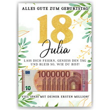 Laden Sie das Bild in den Galerie-Viewer, Personalisiertes Geldgeschenk zum 18. Geburtstag Geld Geschenkidee personalisierbar Geburtstagskarte