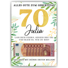 Laden Sie das Bild in den Galerie-Viewer, Personalisiertes Geldgeschenk zum 70. Geburtstag Geld Geschenkidee personalisierbar Geburtstagskarte