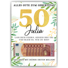 Laden Sie das Bild in den Galerie-Viewer, Personalisiertes Geldgeschenk zum 50. Geburtstag Geld Geschenkidee personalisierbar Geburtstagskarte