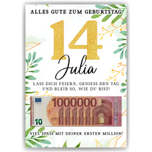 Laden Sie das Bild in den Galerie-Viewer, Personalisiertes Geldgeschenk zum 14. Geburtstag Geld Geschenkidee personalisierbar Geburtstagskarte