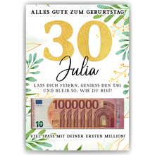 Laden Sie das Bild in den Galerie-Viewer, Personalisiertes Geldgeschenk zum 30. Geburtstag Geld Geschenkidee personalisierbar Geburtstagskarte