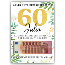 Laden Sie das Bild in den Galerie-Viewer, Personalisiertes Geldgeschenk zum 60. Geburtstag Geld Geschenkidee personalisierbar Geburtstagskarte