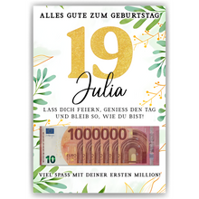Laden Sie das Bild in den Galerie-Viewer, Personalisiertes Geldgeschenk zum 19. Geburtstag Geld Geschenkidee personalisierbar Geburtstagskarte