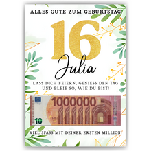 Laden Sie das Bild in den Galerie-Viewer, Personalisiertes Geldgeschenk zum 16. Geburtstag Geld Geschenkidee personalisierbar Geburtstagskarte
