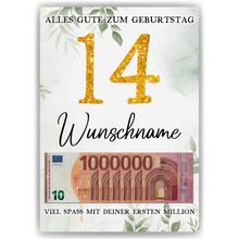 Laden Sie das Bild in den Galerie-Viewer, Personalisiertes Geldgeschenk zum 14. Geburtstag Frauen Männer Geburtstagsgeschenk Geld Geschenkidee personalisierbar