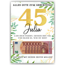 Laden Sie das Bild in den Galerie-Viewer, Personalisiertes Geldgeschenk zum 45. Geburtstag Geld Geschenkidee personalisierbar Geburtstagskarte
