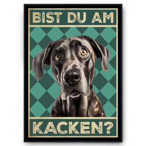 Deutsche Dogge - Bist du am Kacken? Hunde Poster Badezimmer Gästebad Wandbild Klo Toilette Dekoration Lustiges Gäste-WC Bild DIN A4
