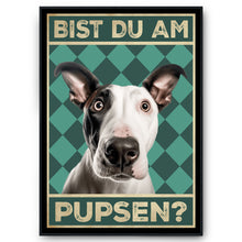 Laden Sie das Bild in den Galerie-Viewer, Bullterrier - Bist du am Pupsen? Hunde Poster Badezimmer Gästebad Wandbild Klo Toilette Dekoration Lustiges Gäste-WC Bild DIN A4