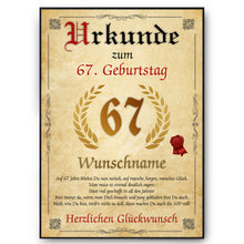 Laden Sie das Bild in den Galerie-Viewer, Urkunde zum 67. Geburtstag personalisiertes Geschenk Jahrgang 1959 Geburtstagsurkunde 67 Jahre Geburtstagsgeschenk