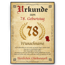 Laden Sie das Bild in den Galerie-Viewer, Urkunde zum 78. Geburtstag personalisiertes Geschenk Jahrgang 1948 Geburtstagsurkunde 78 Jahre Geburtstagsgeschenk