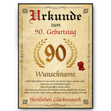 Laden Sie das Bild in den Galerie-Viewer, Urkunde zum 90. Geburtstag personalisiertes Geschenk Jahrgang 1936 Geburtstagsurkunde 90 Jahre Geburtstagsgeschenk