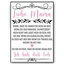 Laden Sie das Bild in den Galerie-Viewer, Liebe Mama Poster Kunstdruck DIN A4 Danksagung Muttertag Geschenk Dankeschön Beste Mutter Wandbild Mama Geburtstag Weihnachten