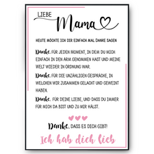 Laden Sie das Bild in den Galerie-Viewer, Danke Liebe Mama Poster Danksagung DIN A4 Kunstdruck Muttertag Geschenk Dankeschön Beste Mutter Wandbild Mama Geburtstag Weihnachten