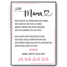 Laden Sie das Bild in den Galerie-Viewer, Liebe Mama DIN A4 Poster Danksagung Kunstdruck Muttertag Geschenk Danksagung Beste Mutter Wandbild Mama Geburtstag Weihnachten