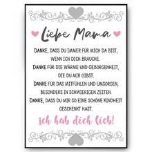 Laden Sie das Bild in den Galerie-Viewer, Mama Poster DIN A4 Danksagung Kunstdruck Muttertag Geschenk Dankeschön Beste Mutter Wandbild Mama Geburtstag Weihnachten