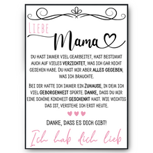 Laden Sie das Bild in den Galerie-Viewer, Liebe Mama Danke Poster Kunstdruck DIN A4 Danksagung Muttertag Geschenk Dankeschön Beste Mutter Wandbild Mama Geburtstag Weihnachten