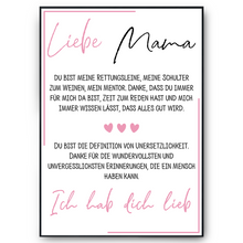 Laden Sie das Bild in den Galerie-Viewer, Mama Poster DIN A4 Kunstdruck personalisierbar Muttertag Geschenk Danksagung Beste Mutter Wandbild Liebe Mama