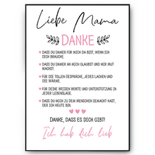 Laden Sie das Bild in den Galerie-Viewer, Danke Mama Bild DIN A4 Poster Kunstdruck personalisierbar Muttertag Geschenk Danksagung Beste Mutter Wandbild