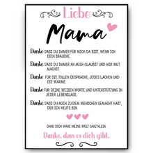 Laden Sie das Bild in den Galerie-Viewer, Danke Mama Kunstdruck DIN A4 Poster Muttertag Geschenk Dankesagung Beste Mutter Wandbild Mama Geburtstag Weihnachten