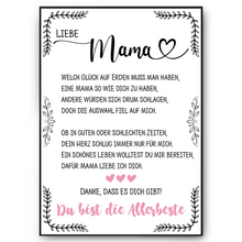 Laden Sie das Bild in den Galerie-Viewer, Allerbeste Mama DIN A4 Poster Danksagung Kunstdruck Muttertag Geschenk Dankeschön Beste Mutter Wandbild Mama Geburtstag Weihnachten