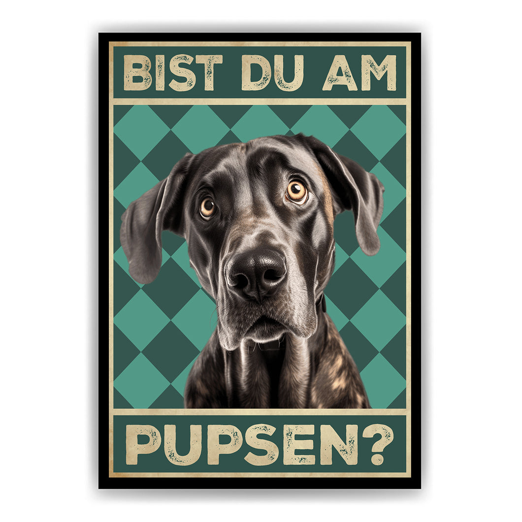 Deutsche Dogge - Bist du am Pupsen? Hunde Poster Badezimmer Gästebad Wandbild Klo Toilette Dekoration Lustiges Gäste-WC Bild DIN A4