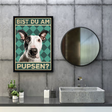 Laden Sie das Bild in den Galerie-Viewer, Bullterrier - Bist du am Pupsen? Hunde Poster Badezimmer Gästebad Wandbild Klo Toilette Dekoration Lustiges Gäste-WC Bild DIN A4