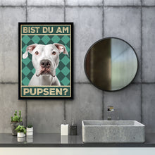 Laden Sie das Bild in den Galerie-Viewer, Dogo Argentino - Bist du am Pupsen? Hunde Poster Badezimmer Gästebad Wandbild Klo Toilette Dekoration Lustiges Gäste-WC Bild DIN A4