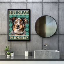 Laden Sie das Bild in den Galerie-Viewer, Australian Shepherd - Bist du am Pupsen? Hunde Poster Badezimmer Gästebad Wandbild Klo Toilette Dekoration Lustiges Gäste-WC Bild DIN A4
